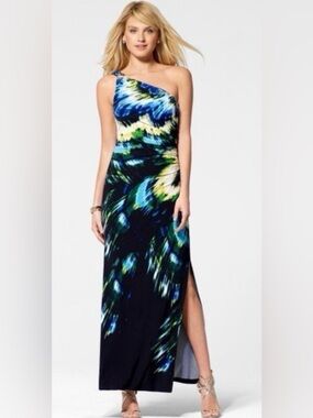 Cache One-Shoulder Blue and Green Print Maxi Dress size 4